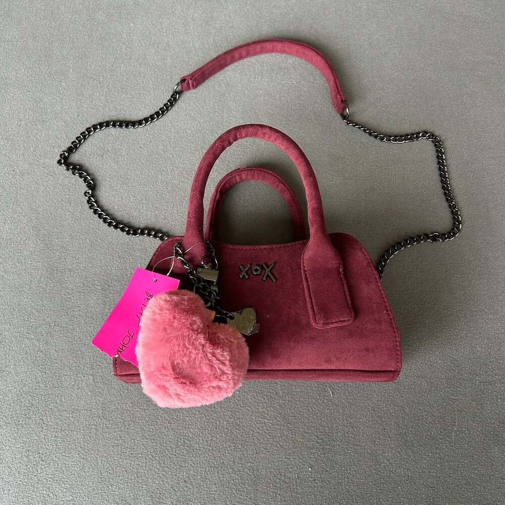 Betsey Johnson XOXO Faux Suede Mini Satchel with Heart Pom Charm - Picture 8 of 8